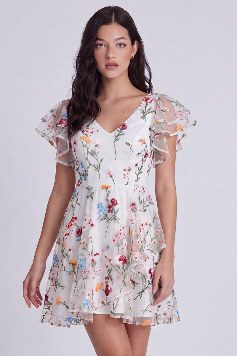 Load image into Gallery viewer, Ivory A-Line Floral V-Neck Short Cocktail Dress with Sleeves