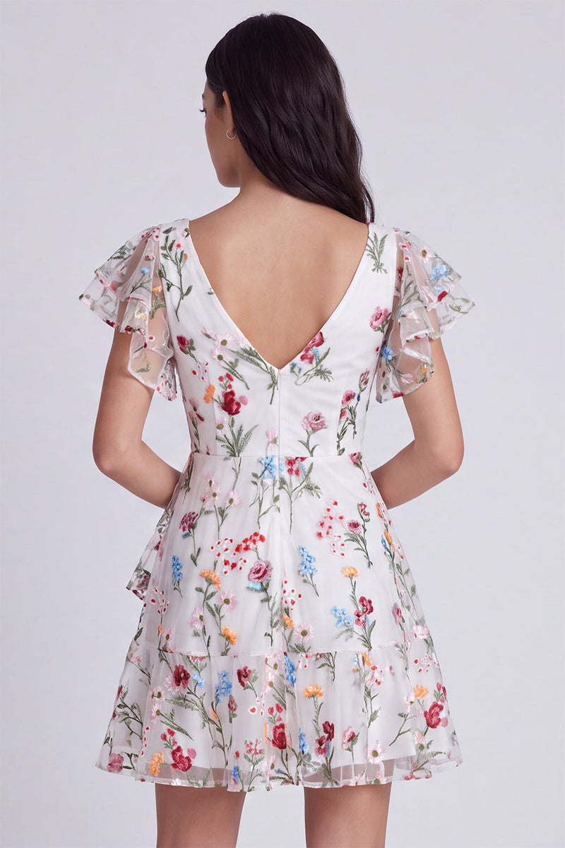 Load image into Gallery viewer, Ivory A-Line Floral V-Neck Short Cocktail Dress with Sleeves