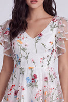 Load image into Gallery viewer, Ivory A-Line Floral V-Neck Short Cocktail Dress with Sleeves