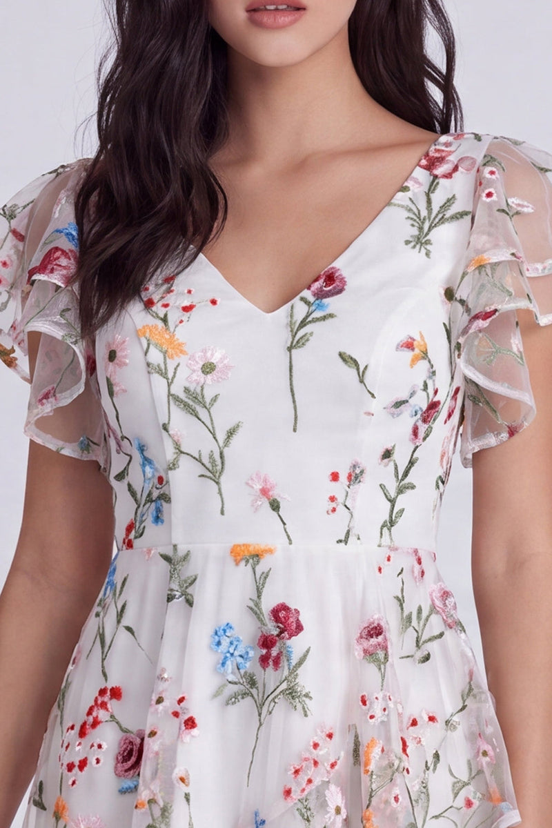 Load image into Gallery viewer, Ivory A-Line Floral V-Neck Short Cocktail Dress with Sleeves