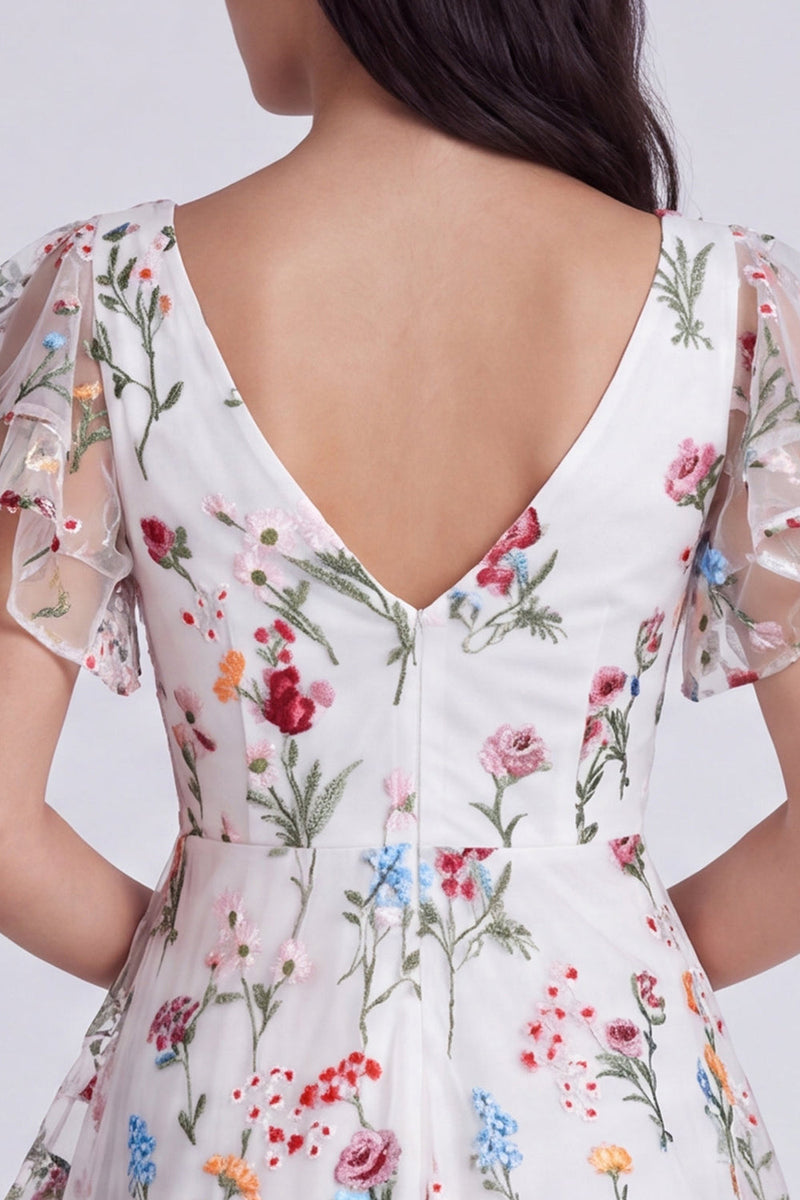 Load image into Gallery viewer, Ivory A-Line Floral V-Neck Short Cocktail Dress with Sleeves