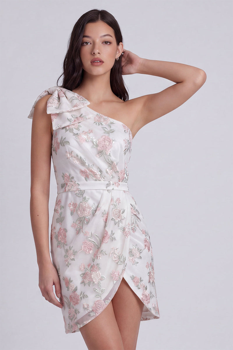 Load image into Gallery viewer, Ivory Tight One Shoulder Floral Short Graduation Dress with Bow