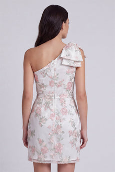 Ivory Tight One Shoulder Floral Short Graduation Dress with Bow