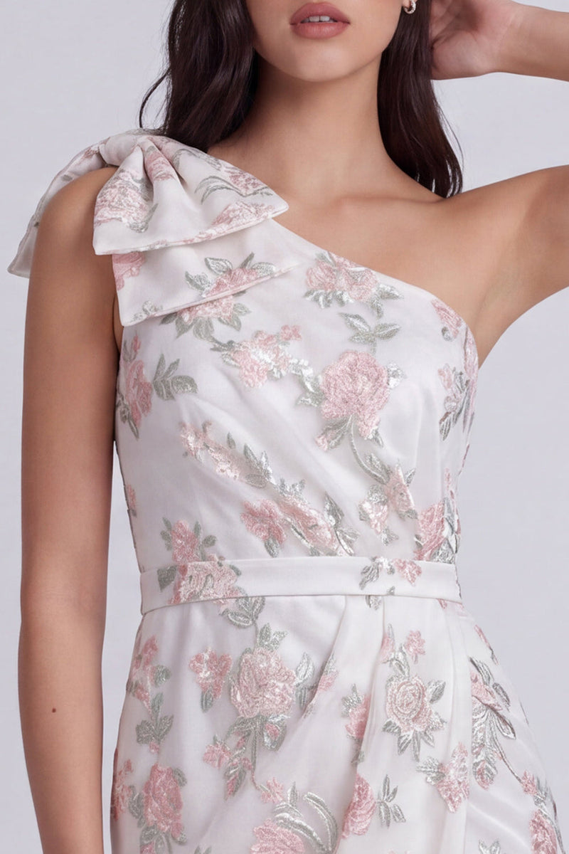 Load image into Gallery viewer, Ivory Tight One Shoulder Floral Short Graduation Dress with Bow