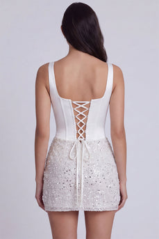 Sparkly Ivory Tight Square Neck Sequins Ruched Short Corset Cocktail Dress