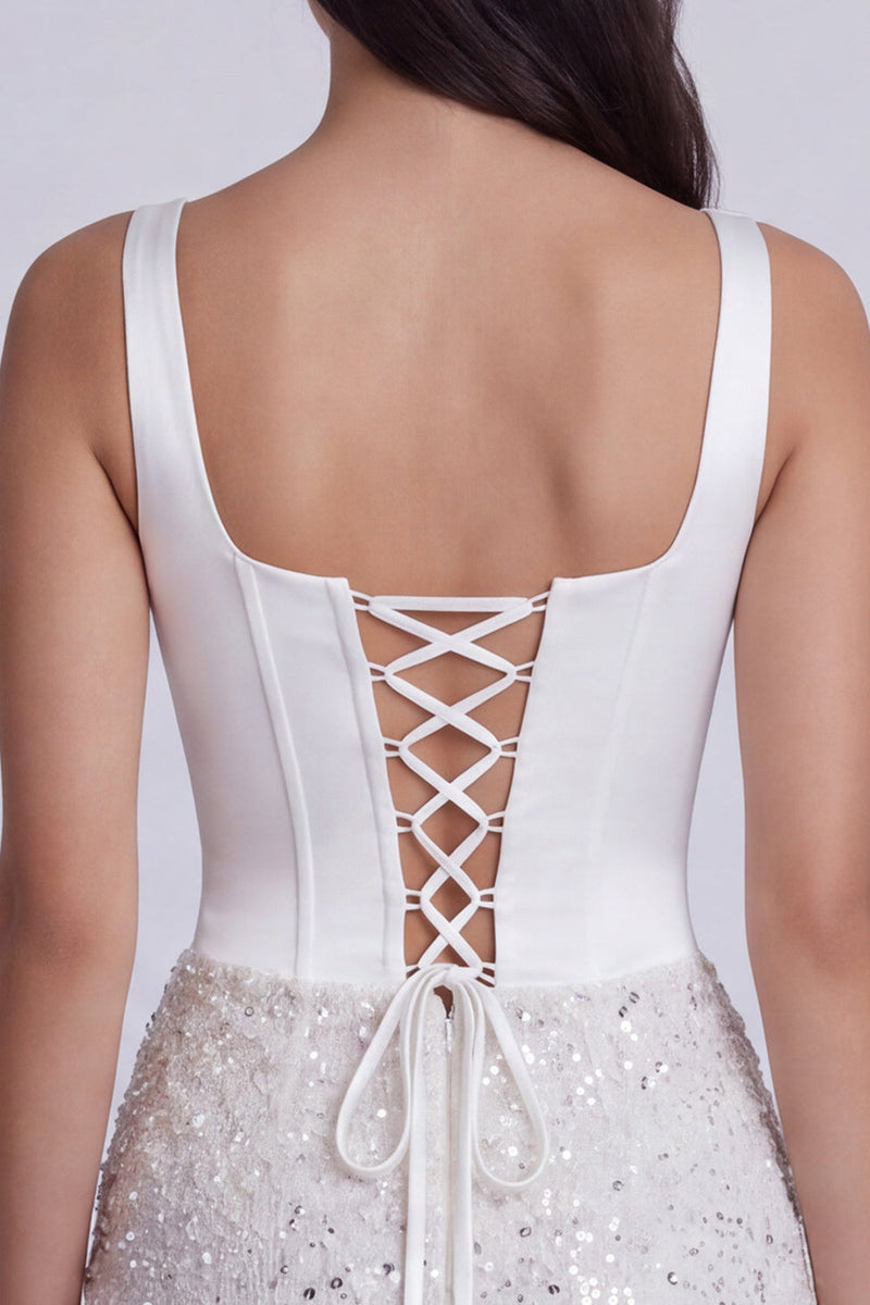 Load image into Gallery viewer, Sparkly Ivory Tight Square Neck Sequins Ruched Short Corset Cocktail Dress