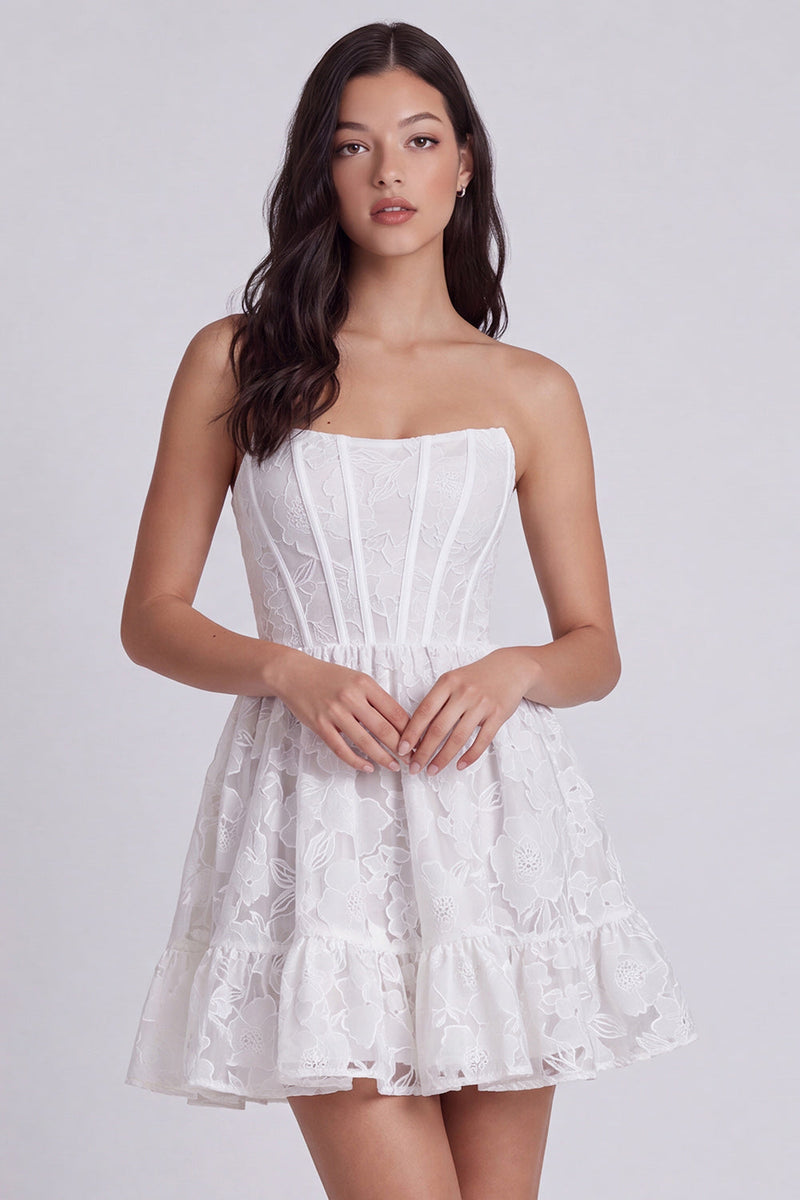 Load image into Gallery viewer, Ivory Corset Floral Ruffled Strapless A Line Short Graduation Dress