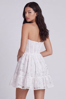 Ivory Corset Floral Ruffled Strapless A Line Short Graduation Dress