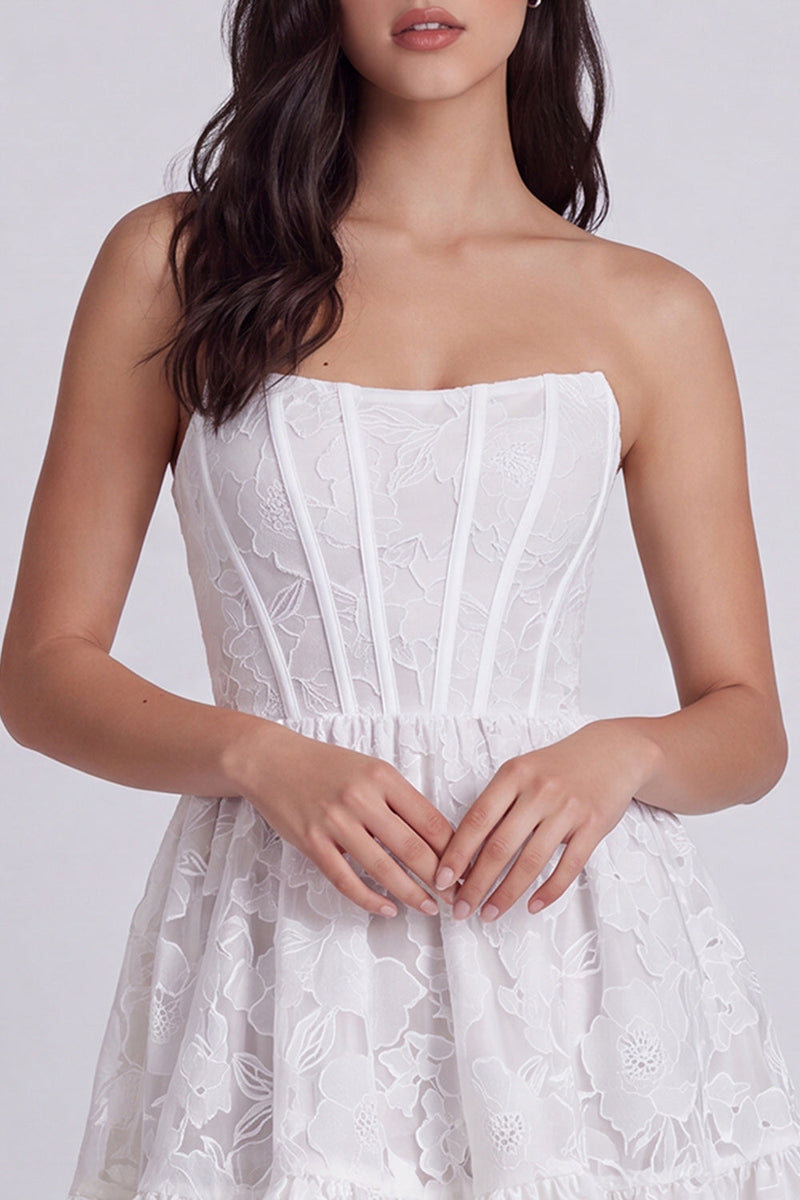 Load image into Gallery viewer, Ivory Corset Floral Ruffled Strapless A Line Short Graduation Dress