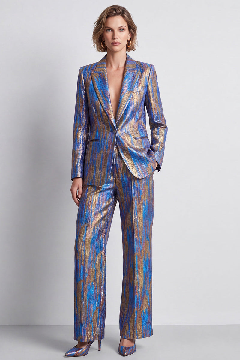 Load image into Gallery viewer, Blue Peak Lapel Printed 2 Piece Work Suits with Pockets