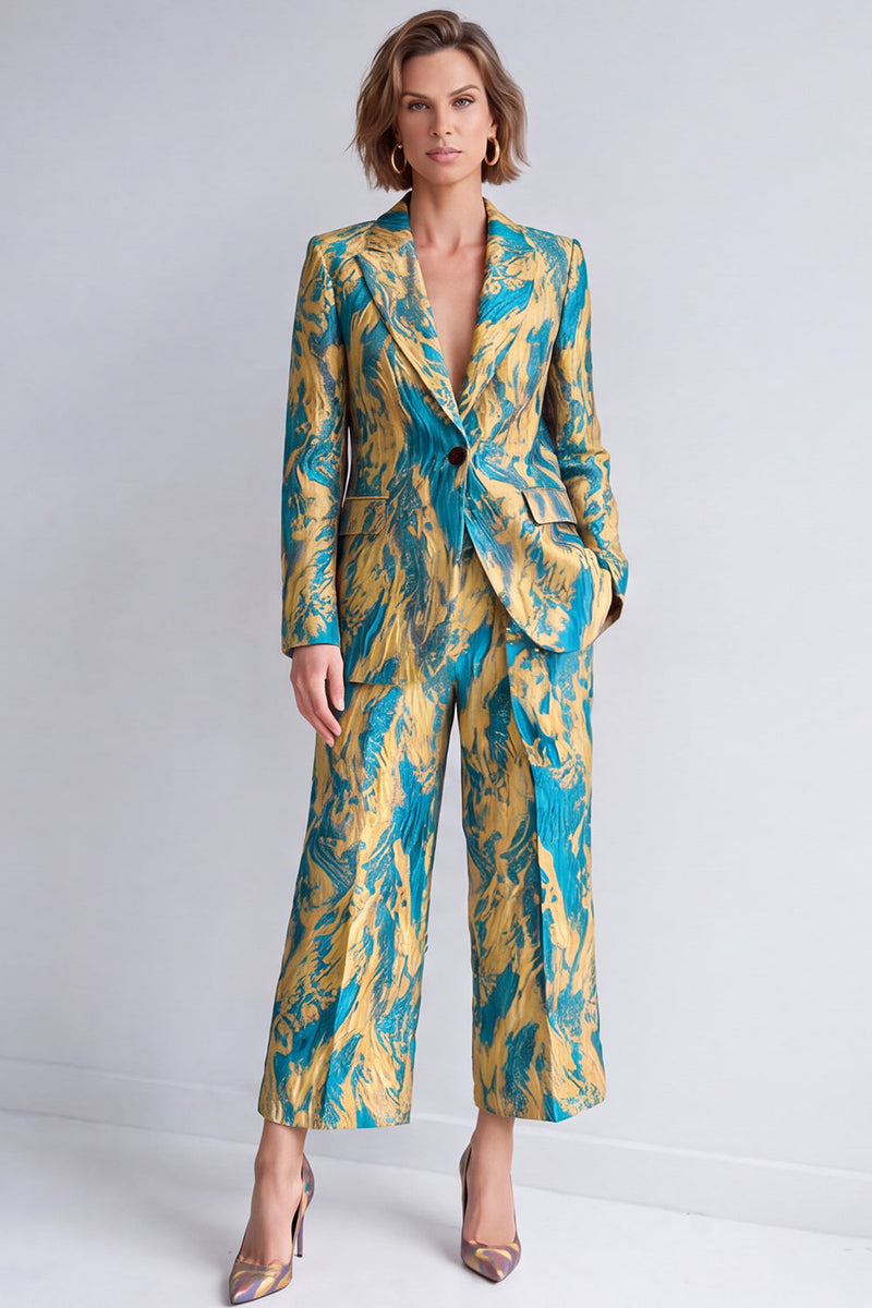 Load image into Gallery viewer, Yellow and Purple Peak Lapel 2 Piece Printed Work Suits