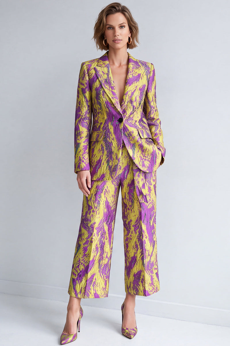 Load image into Gallery viewer, Yellow and Purple Peak Lapel 2 Piece Printed Work Suits