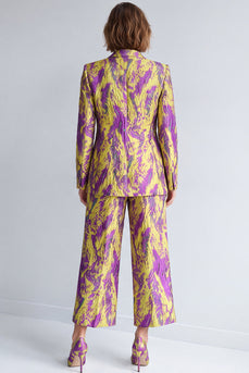 Yellow and Purple Peak Lapel 2 Piece Printed Work Suits