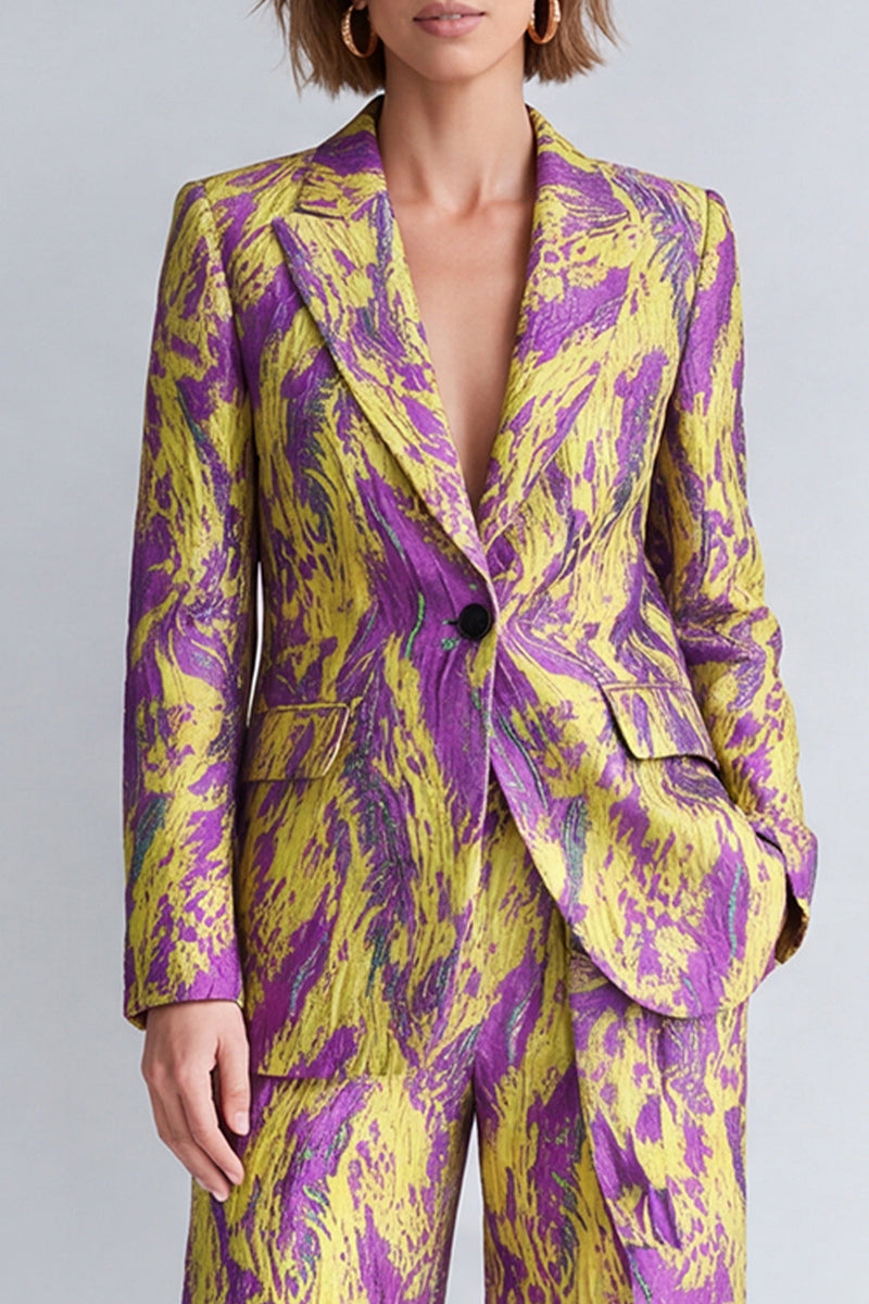 Load image into Gallery viewer, Yellow and Purple Peak Lapel 2 Piece Printed Work Suits