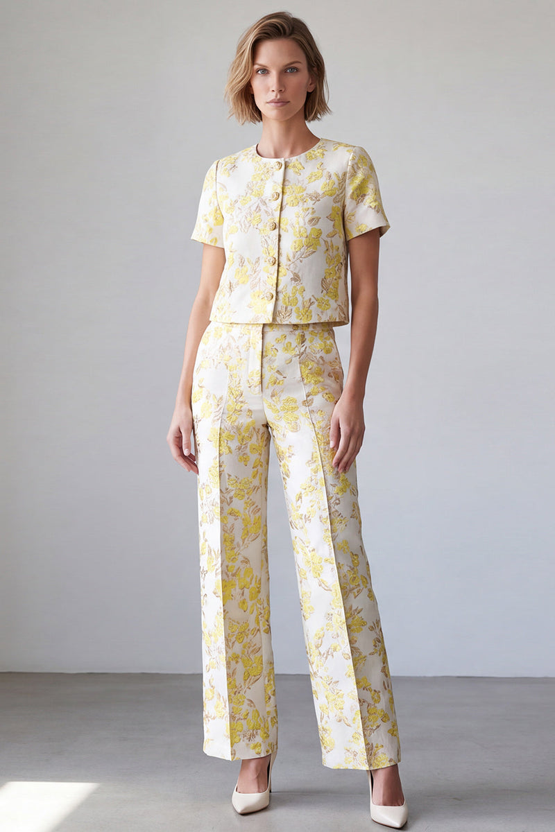 Load image into Gallery viewer, Light Yellow 2 Piece Round Neck Prom Suits with Sleeves