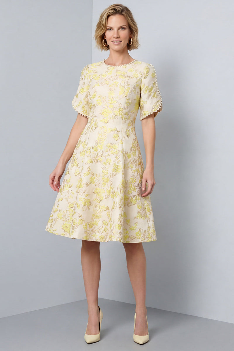 Load image into Gallery viewer, Light Yellow Round Neck A-Line Jacquard Midi Work Dress