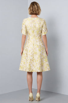Light Yellow Round Neck A-Line Jacquard Midi Work Dress