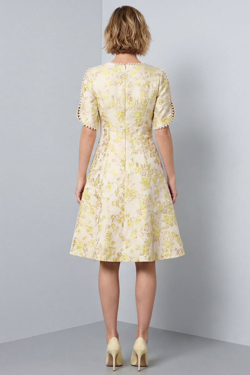 Load image into Gallery viewer, Light Yellow Round Neck A-Line Jacquard Midi Work Dress