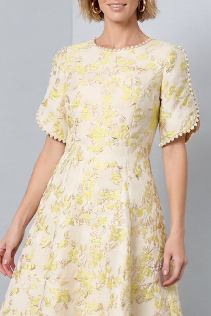 Load image into Gallery viewer, Light Yellow Round Neck A-Line Jacquard Midi Work Dress