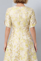 Load image into Gallery viewer, Light Yellow Round Neck A-Line Jacquard Midi Work Dress