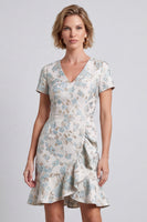 Load image into Gallery viewer, Light Blue V-Neck Ruffled Jacquard Bodycon Short Work Dress