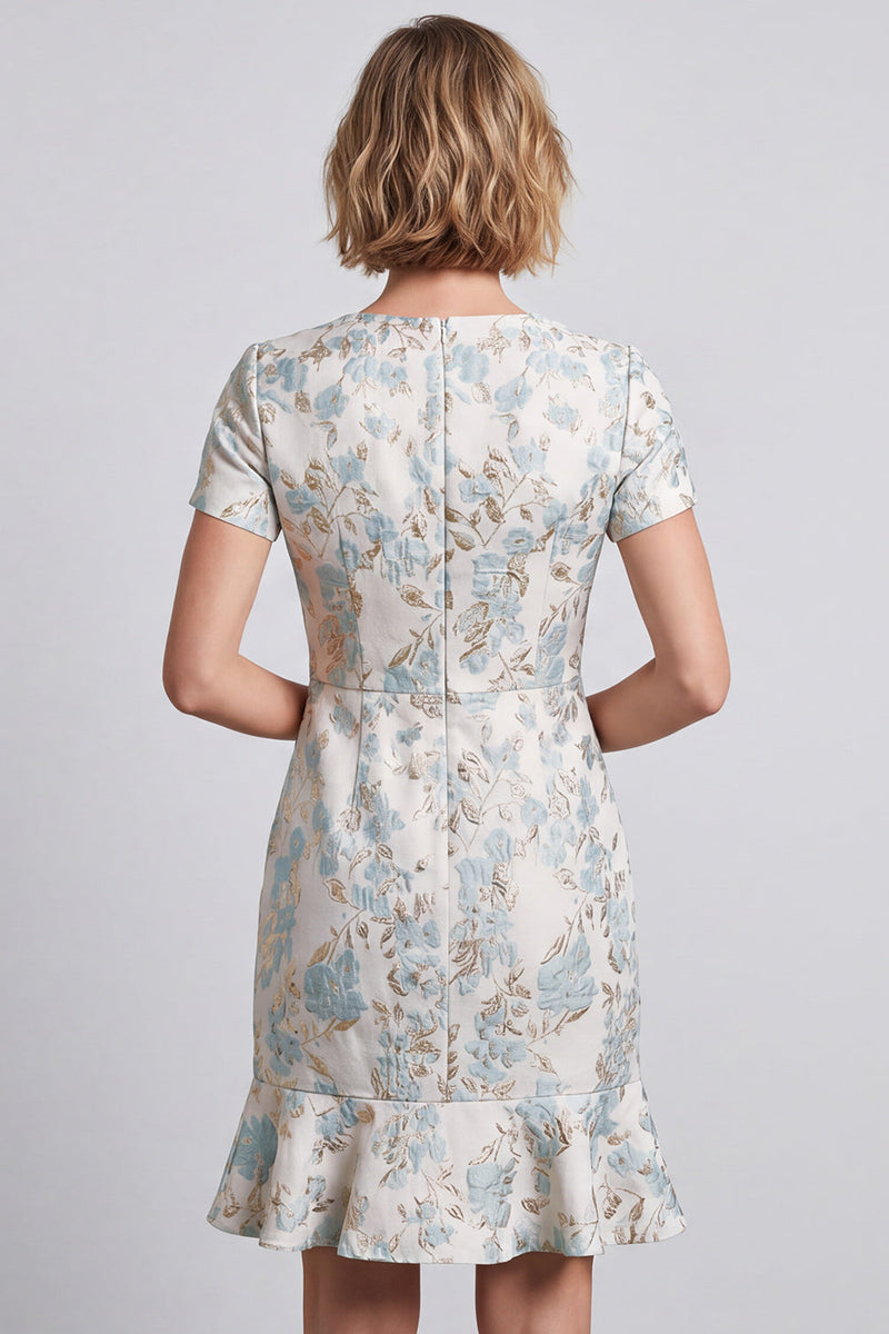 Load image into Gallery viewer, Light Blue V-Neck Ruffled Jacquard Bodycon Short Work Dress