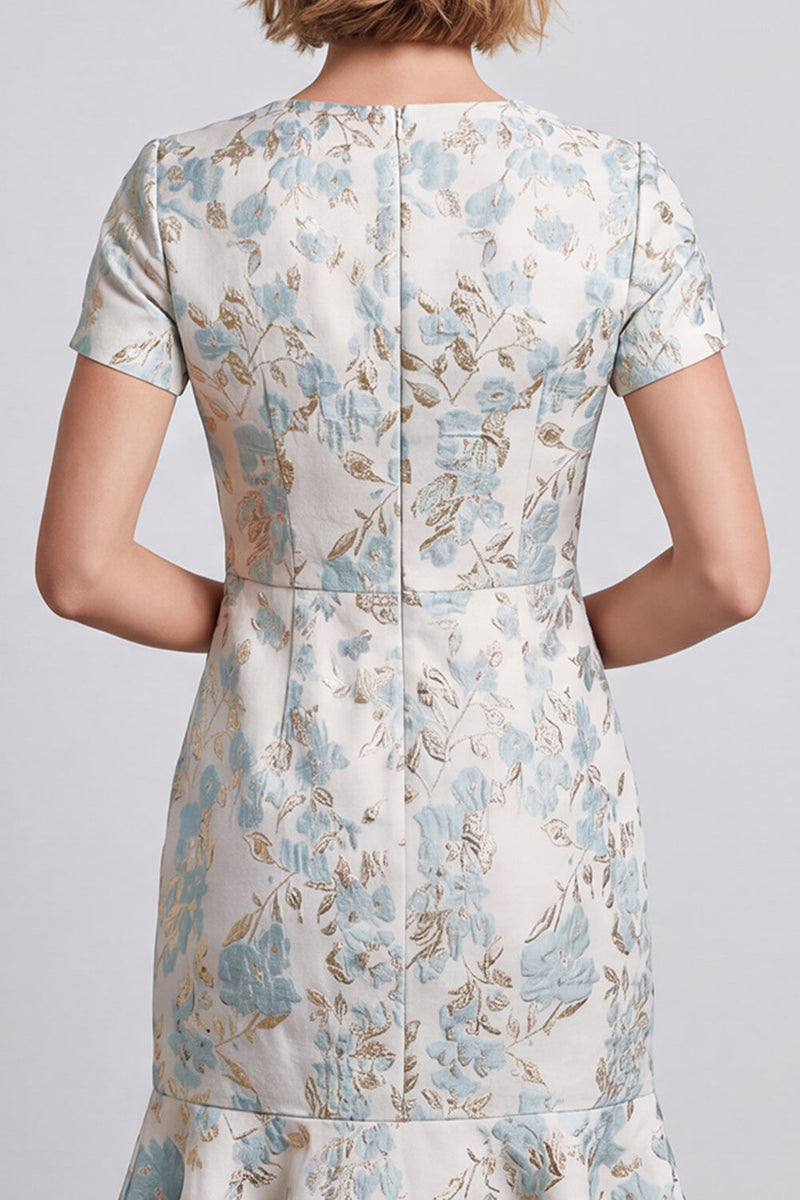 Load image into Gallery viewer, Light Blue V-Neck Ruffled Jacquard Bodycon Short Work Dress