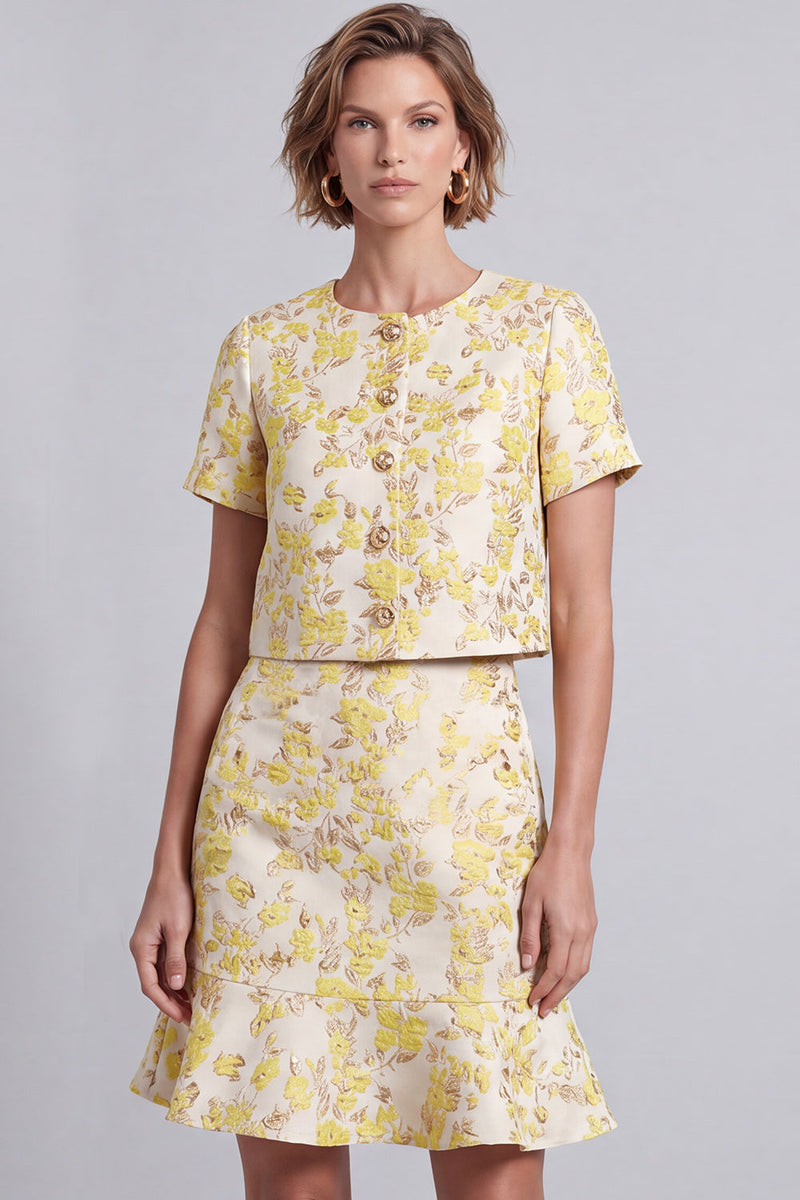 Load image into Gallery viewer, Light Yellow 2 Piece Round Neck Floral Short Prom Suits