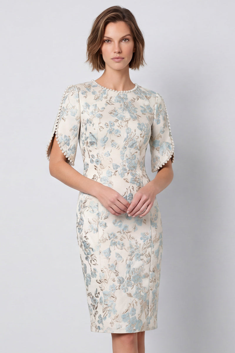 Load image into Gallery viewer, Light Blue Round Neck Bodycon Jacquard Midi Work Dress with Sleeves