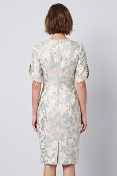 Light Blue Round Neck Bodycon Jacquard Midi Work Dress with Sleeves