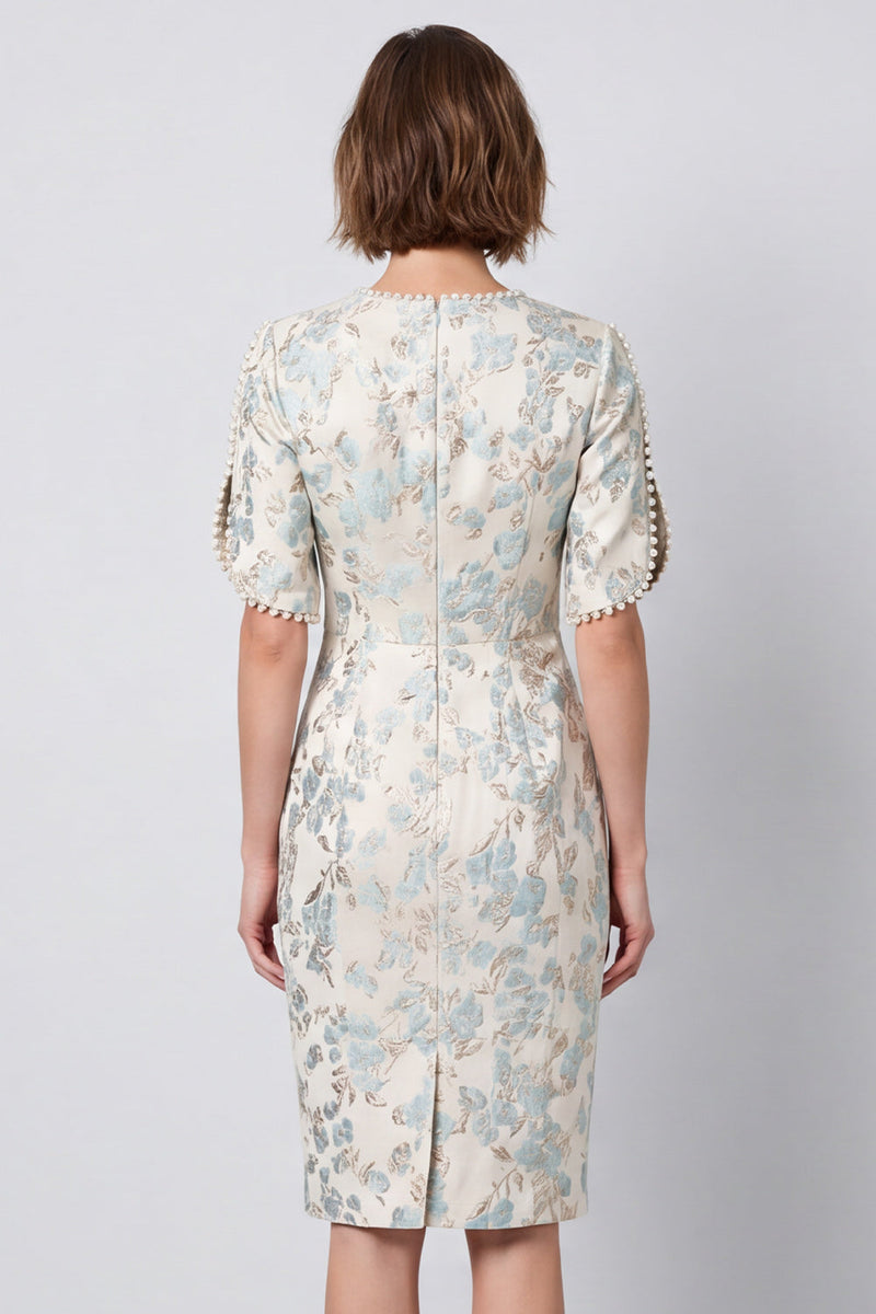 Load image into Gallery viewer, Light Blue Round Neck Bodycon Jacquard Midi Work Dress with Sleeves