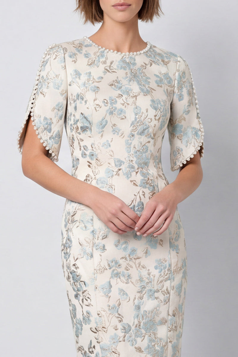 Load image into Gallery viewer, Light Blue Round Neck Bodycon Jacquard Midi Work Dress with Sleeves