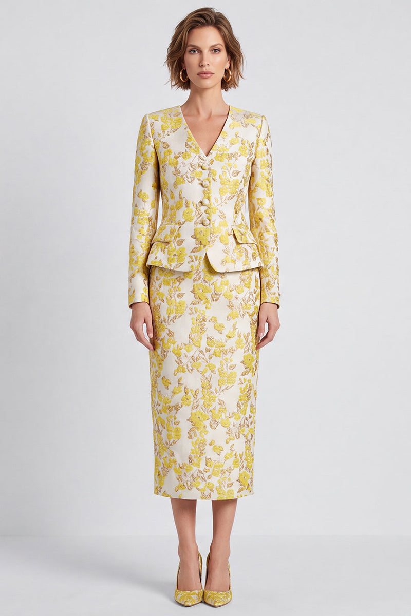 Load image into Gallery viewer, Light Yellow 2 Piece V-Neck Floral Pencil Midi Women Suits