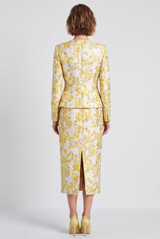 Light Yellow 2 Piece V-Neck Floral Pencil Midi Women Suits