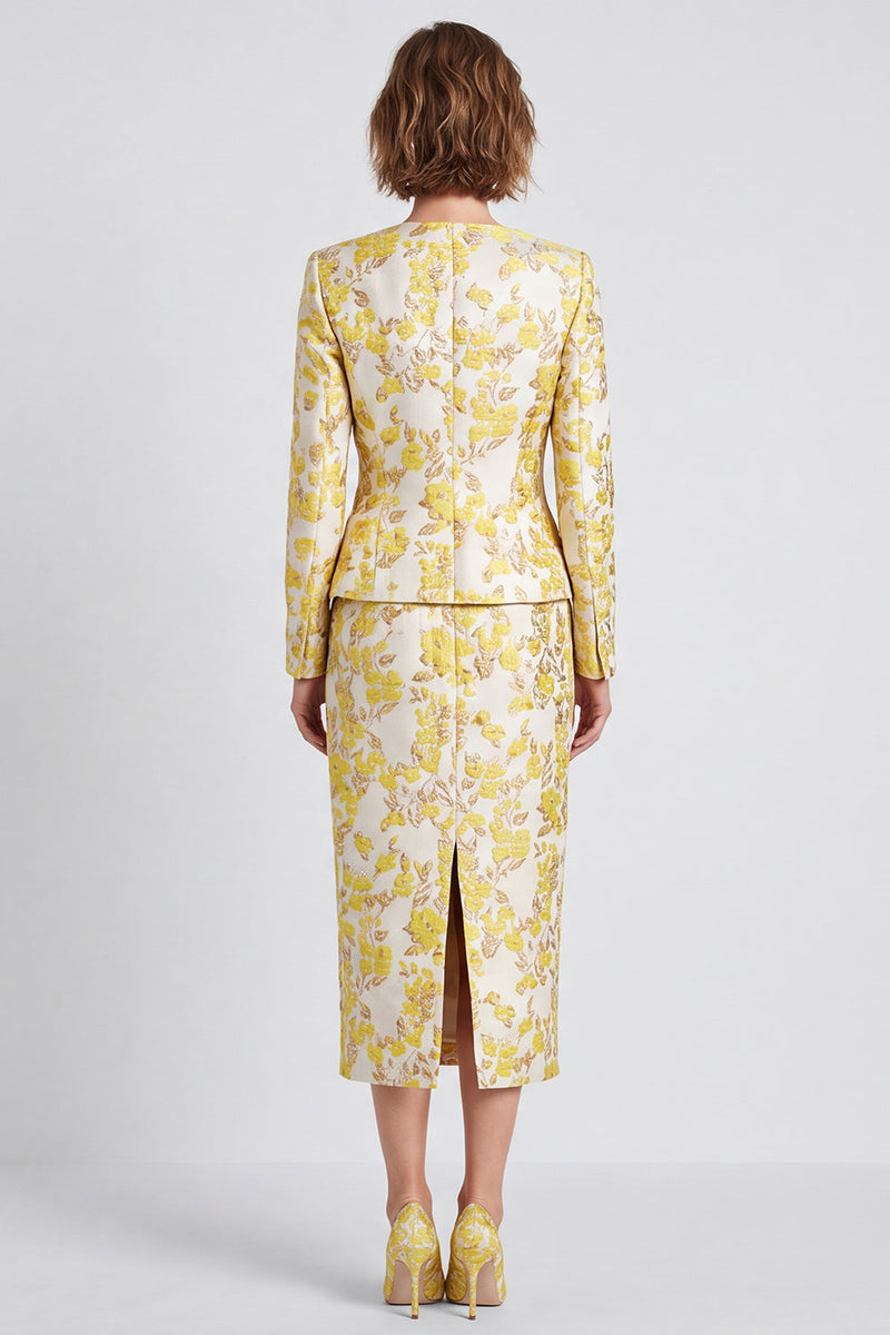 Load image into Gallery viewer, Light Yellow 2 Piece V-Neck Floral Pencil Midi Women Suits