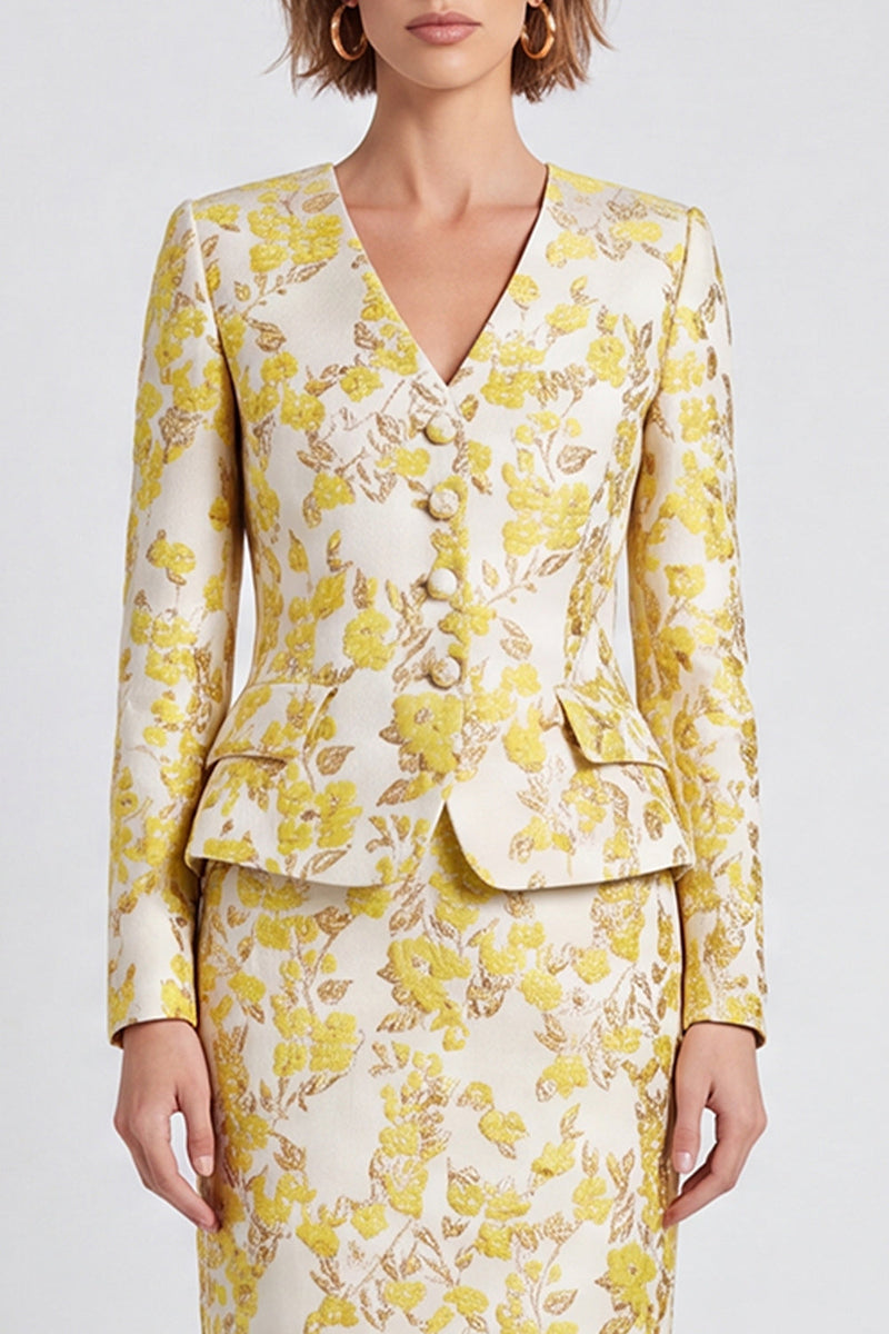 Load image into Gallery viewer, Light Yellow 2 Piece V-Neck Floral Pencil Midi Women Suits