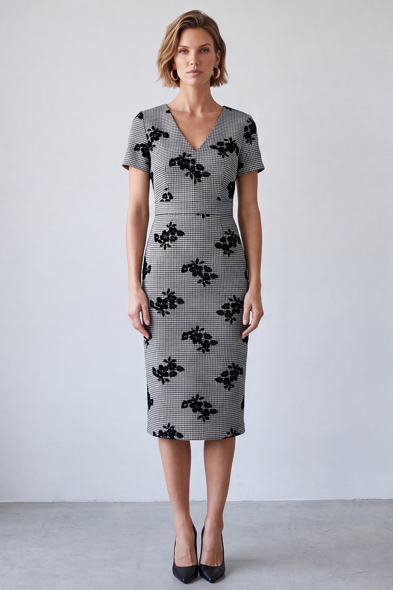 Load image into Gallery viewer, Black and White Plaid Floral Pencil V-Neck Midi Work Dress with Sleeves