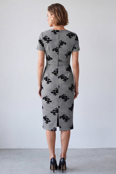 Black and White Plaid Floral Pencil V-Neck Midi Work Dress with Sleeves