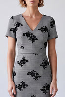 Load image into Gallery viewer, Black and White Plaid Floral Pencil V-Neck Midi Work Dress with Sleeves