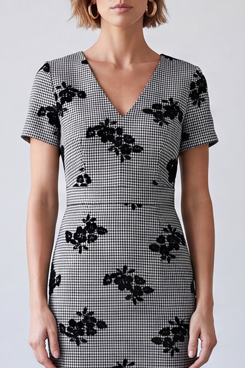 Load image into Gallery viewer, Black and White Plaid Floral Pencil V-Neck Midi Work Dress with Sleeves