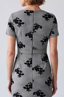 Load image into Gallery viewer, Black and White Plaid Floral Pencil V-Neck Midi Work Dress with Sleeves