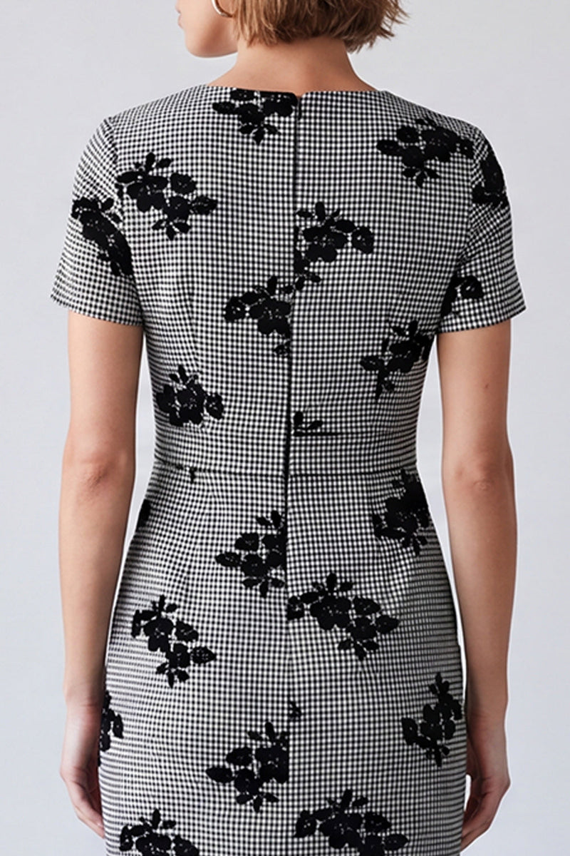 Load image into Gallery viewer, Black and White Plaid Floral Pencil V-Neck Midi Work Dress with Sleeves