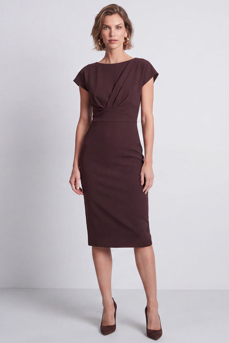 Load image into Gallery viewer, Brown Ruched Pencil Boat Neck Midi Work Dress with Sleeves
