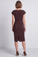 Load image into Gallery viewer, Brown Ruched Pencil Boat Neck Midi Work Dress with Sleeves