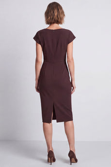 Brown Ruched Pencil Boat Neck Midi Work Dress with Sleeves