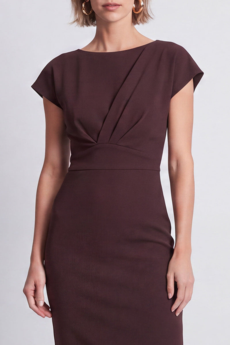 Load image into Gallery viewer, Brown Ruched Pencil Boat Neck Midi Work Dress with Sleeves