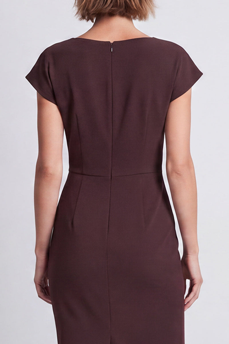 Load image into Gallery viewer, Brown Ruched Pencil Boat Neck Midi Work Dress with Sleeves