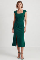 Load image into Gallery viewer, Dark Green Square Neck Pencil Ruched Midi Work Dress with Slit