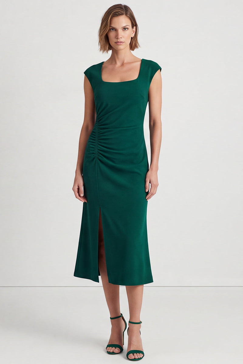 Load image into Gallery viewer, Dark Green Square Neck Pencil Ruched Midi Work Dress with Slit
