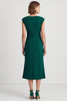 Load image into Gallery viewer, Dark Green Square Neck Pencil Ruched Midi Work Dress with Slit
